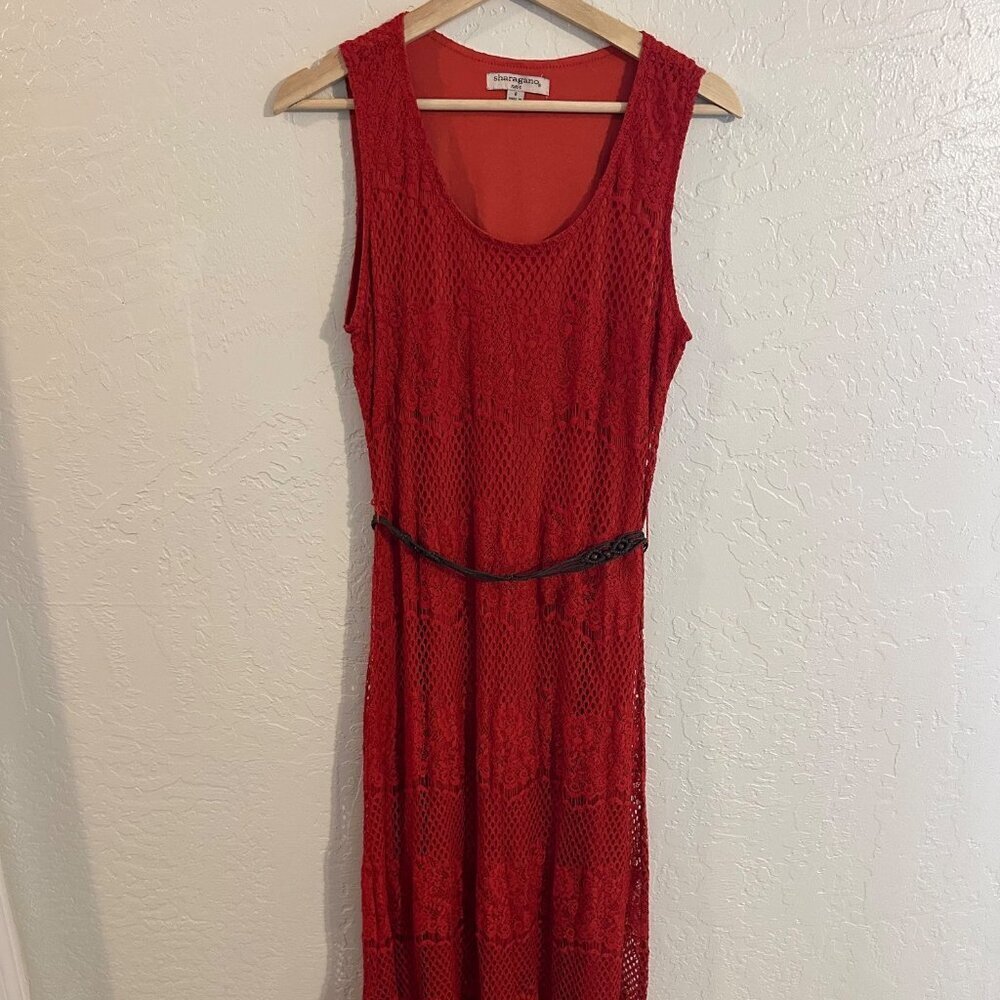Y Sharagano Noir Red Cotton Blend Crochet Belted Boho Maxi Dress